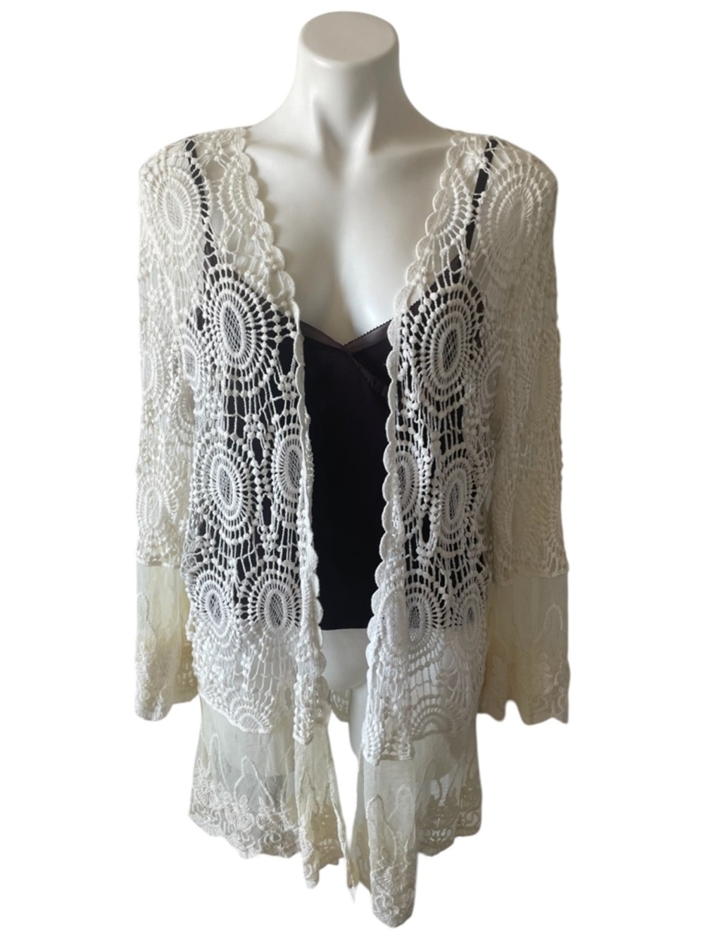 POL Lace Crochet Open Front Cardigan Cream Layering Bell Sleeve Boho Festival